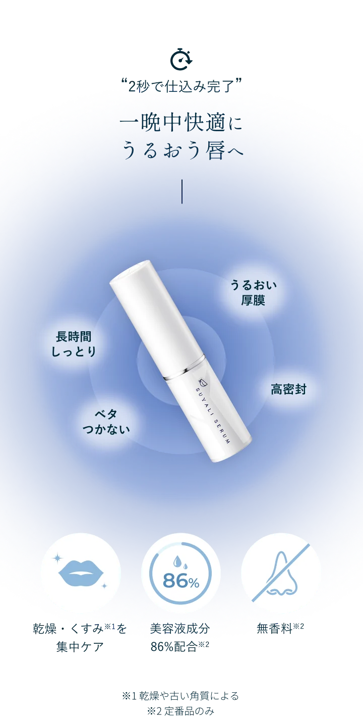 “2秒で仕込み完了” 一晩中快適にうるおう唇へ。うるおい厚膜／長時間しっとり／高密封／ベタつかない。乾燥・くすみ※1を集中ケア／美容液成分86%配合※2／無香料。※1 乾燥や古い角質による ※2 定番品のみ