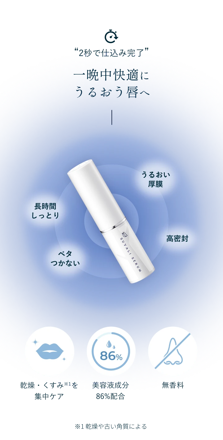“2秒で仕込み完了” 一晩中快適にうるおう唇へ。うるおい厚膜／長時間しっとり／高密封／ベタつかない。乾燥・くすみ※1を集中ケア／美容液成分86%配合／無香料。※1 乾燥や古い角質による